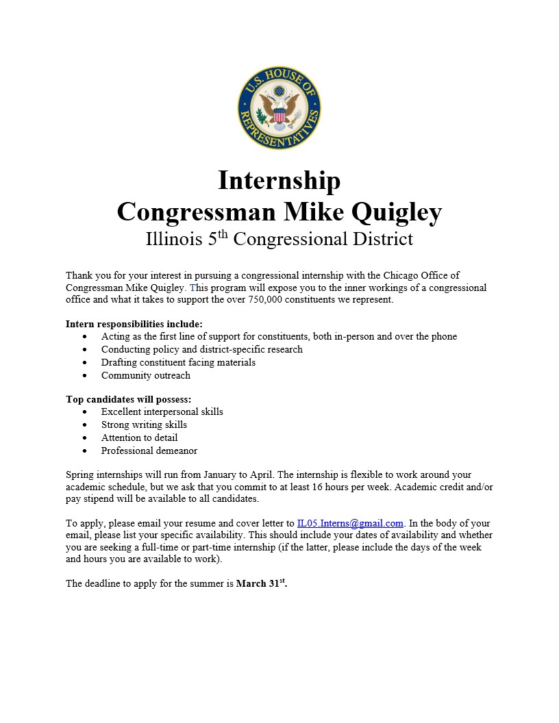 Summer 2023 Internship - Rep Quigley Chicago Office